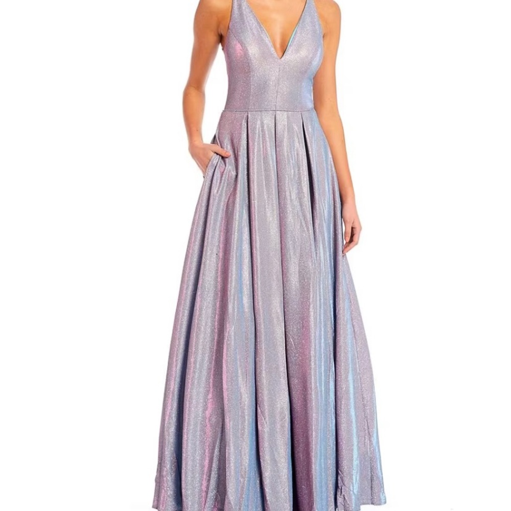 Blondie Nites V-neck Sleeveless Purple Metallic Glitter Gown